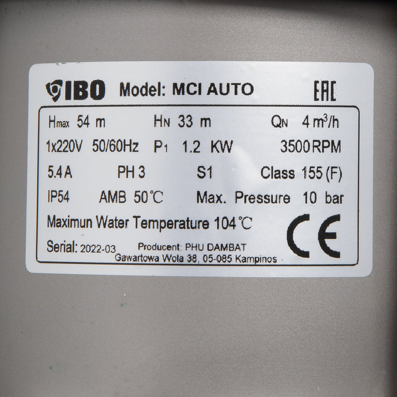 Pompa pentru ridicarea presiunii IBO Dambat MCI 4 Auto, 1200W, 115l/min, 1.25 inch ( PRODUS RESIGILAT )