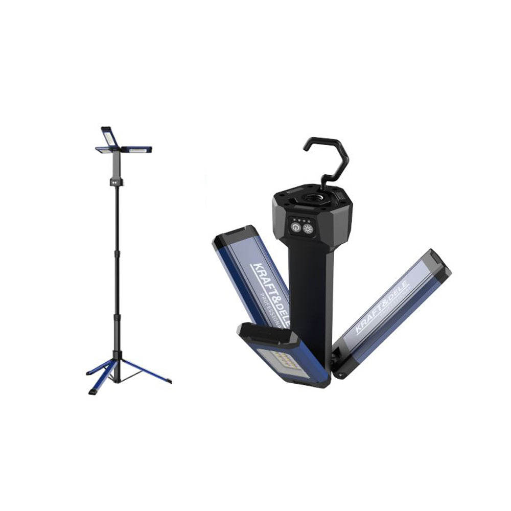 Lampa multifunctionala reincarcabila Kraft&Dele KD1267, 3 proiectoare LED, 2000Lm, acumulator 4000mAh, 6 moduri, 2 culori, cu trepied , pentru ateliere, camping, constructii etc