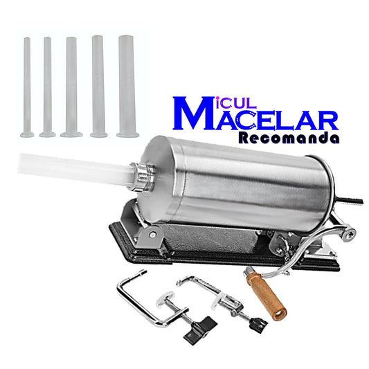 MICUL MACELAR Recomanda - Masina 4KG de umplut carnati si mezeluri, pozitie orizontala, EASY-FILL, 5xPâlnii incluse