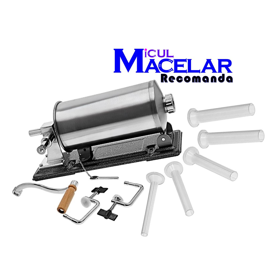 MICUL MACELAR Recomanda - Masina 4KG de umplut carnati si mezeluri, pozitie orizontala, EASY-FILL, + 5 Pâlnii incluse