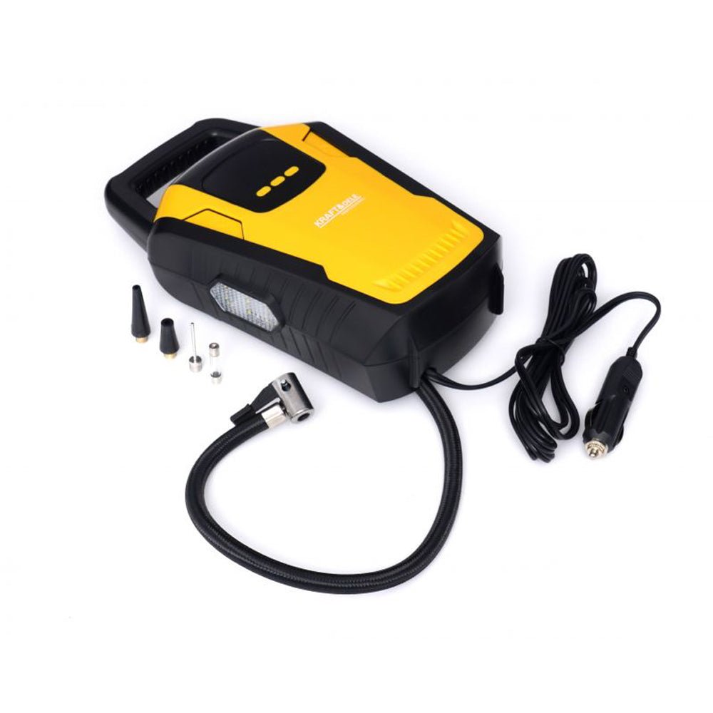 BLACK-FRIDAY Compresor aer portabil 12V, KRAFTSON % Import Polonia % 1469, display LED, universal pentru auto, motociclete, biciclete, diverse bile etc.