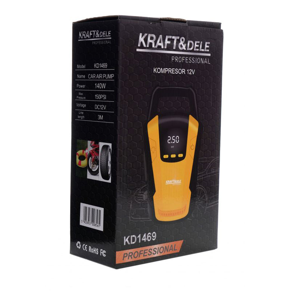 BLACK-FRIDAY Compresor aer portabil 12V, KRAFTSON % Import Polonia % 1469, display LED, universal pentru auto, motociclete, biciclete, diverse bile etc.