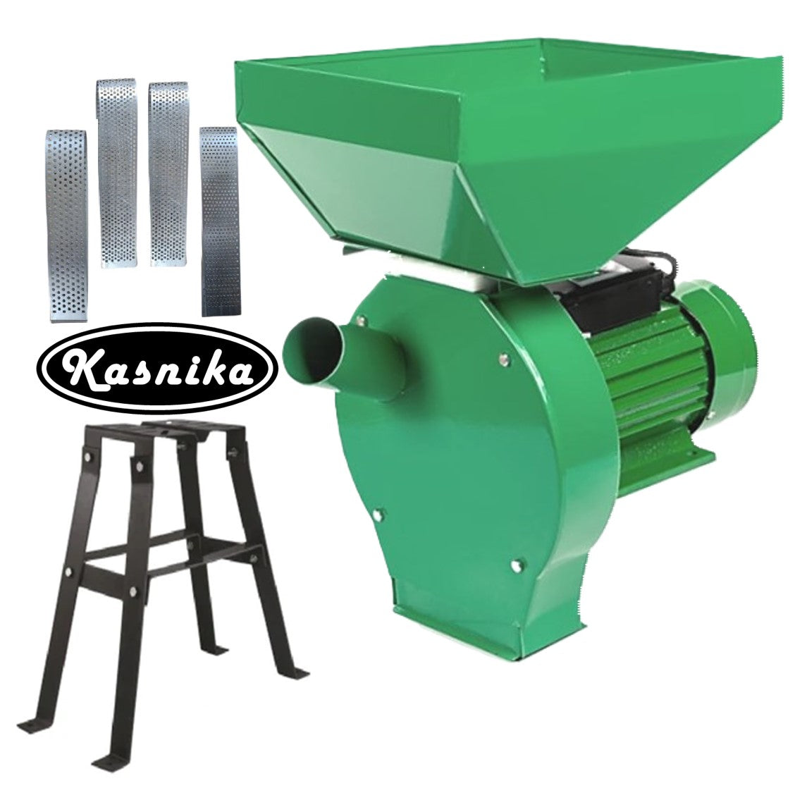 BLACK-FRIDAY SET Moara cereale si stiuleti 2 in 1 KASNIKA Verde, CUVA MARE, 3kW, cu ciocanele, malai si uruiala, + suport cu picioare