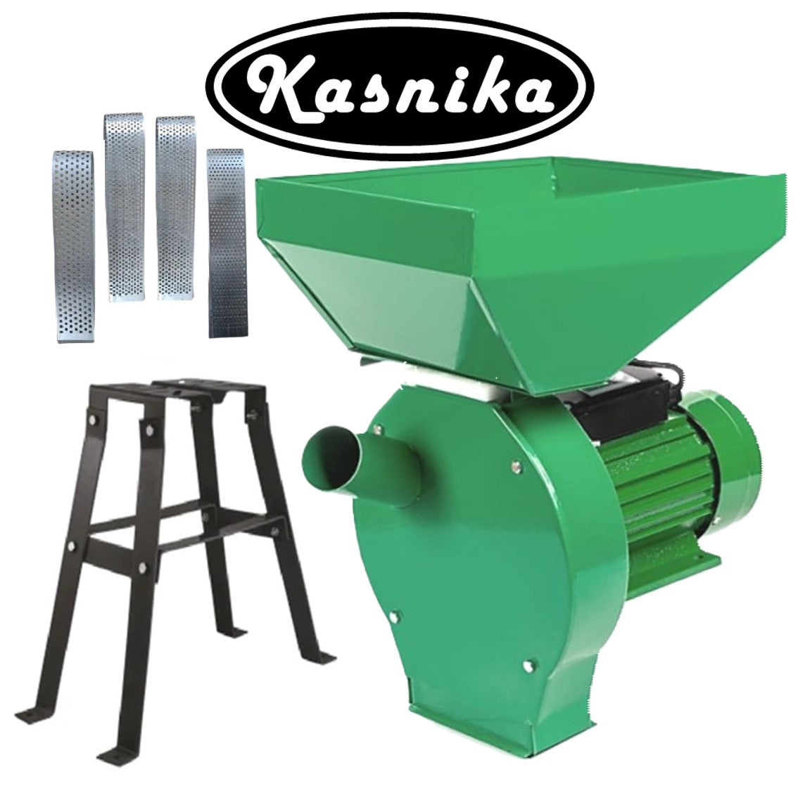 BLACK-FRIDAY SET Moara cereale si stiuleti 2 in 1 KASNIKA Verde, CUVA MARE, 3kW, cu ciocanele, malai si uruiala, + suport cu picioare