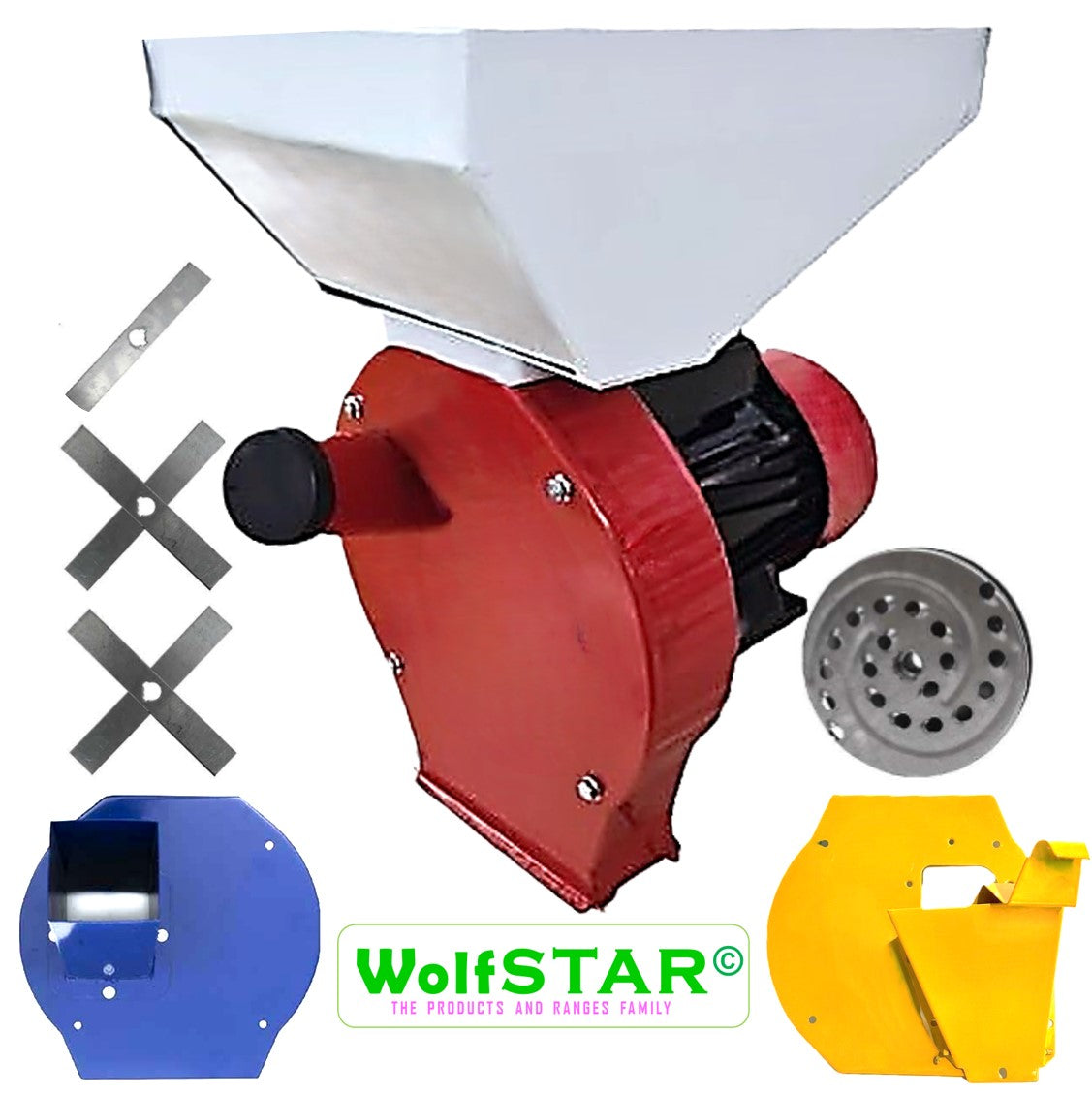 SET Moara Cereale+Stiuleti+LUCERNA+FRUCTE si LEGUME (4 in 1) WOLFSTAR, 3.9KW, cu ciocanele, razatoare si tocator, Red-White E-3900