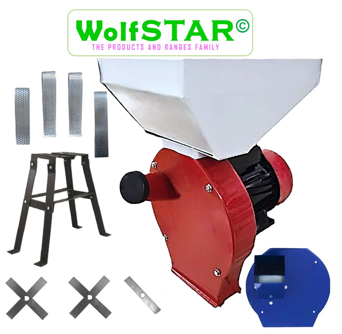 *BLACK-FRIDAY* *PROMO* SET Moara+Suport WOLFSTAR pentru cereale+stiuleti+LUCERNA 3 in 1 3.9KW, Red-White E-3900 CUVA MARE, cu ciocanele si tocator furaje