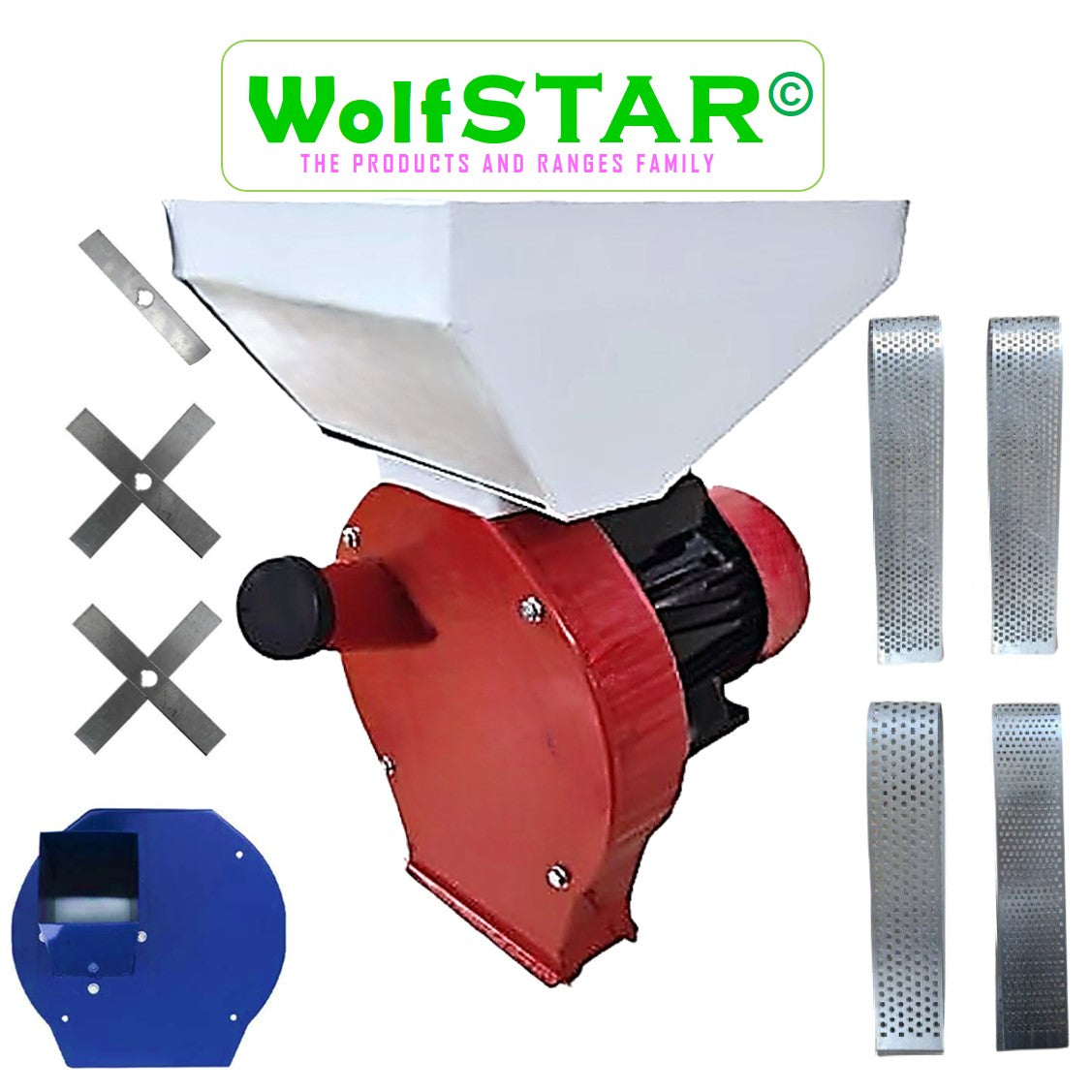BLACK-is-BACK SET Moara Cereale+Stiuleti+LUCERNA 3 in 1 WOLFSTAR, 3.9KW, cu ciocanele pentru uruiala si malai, tocator FAN, Red-White E-3900