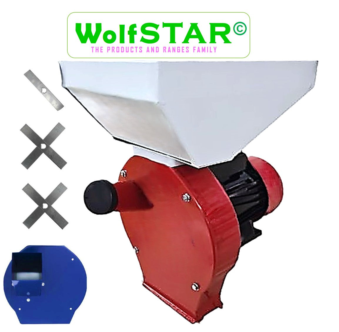 BLACK-is-BACK SET Moara Cereale+Stiuleti+LUCERNA 3 in 1 WOLFSTAR, 3.9KW, cu ciocanele pentru uruiala si malai, tocator FAN, Red-White E-3900