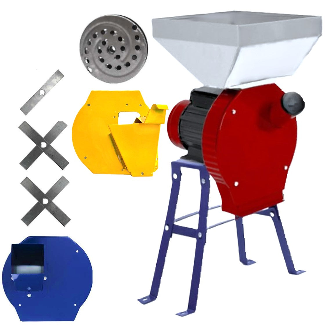 SET Moara si SUPORT pentru Cereale+Stiuleti+LUCERNA+FRUCTE si LEGUME (4 in 1) WOLFSTAR, 3.9KW, cu ciocanele, razatoare si tocator, Red-White E-3900, + Suport Metalic