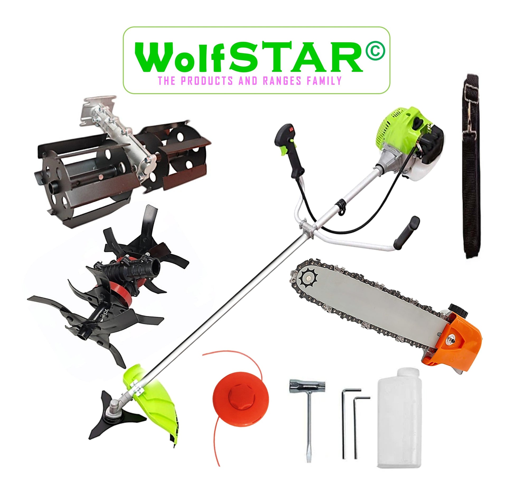 Cositoare pe benzina WolfSTAR, Set cu Tambur Fir + Disc Metal 3 lame, X5600PRO-8CP, Verde, +CAP DRUJBA, PRASITOARE, CULTIVATOR PREMIUM
