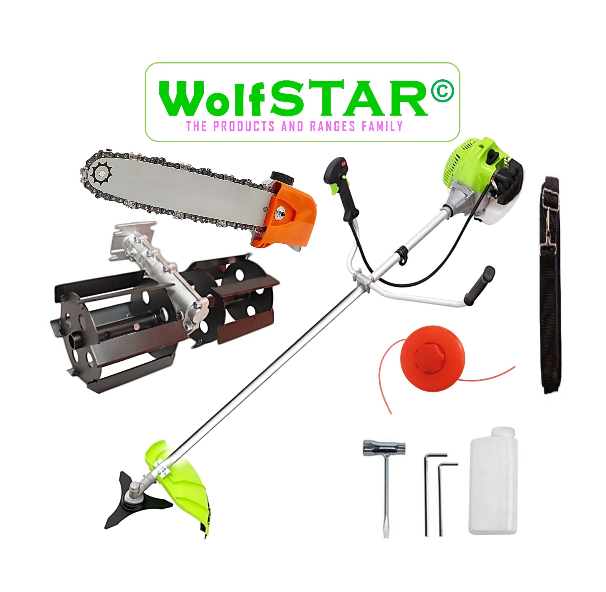 Cositoare pe benzina WolfSTAR, Set cu Tambur Fir + Disc Metal 3 lame, X5600PRO-8CP, Verde, +CAP DRUJBA, PRASITOARE