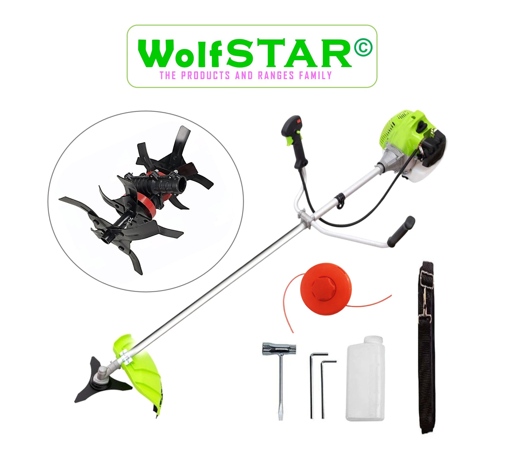 Pret B2B pentru Retail - Cositoare pe benzina WolfSTAR, Set cu Tambur Fir + Disc Metal 3 lame, X5600PRO-8CP, Verde, +CULTIVATOR PREMIUM
