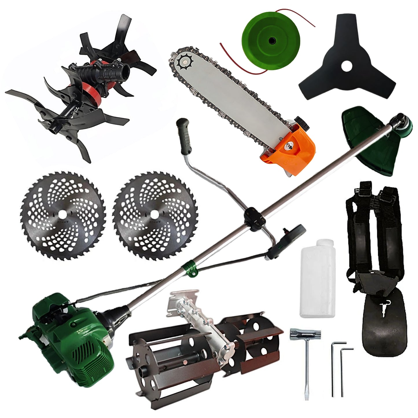 PRASITOARE + CAP DRUJBA + CULTIVATOR PREMIUM + Motocositoare pe benzina NUOVO-VRD 6CP Verde, 2xDisc Vidia, Disc Stea, accesorii incluse