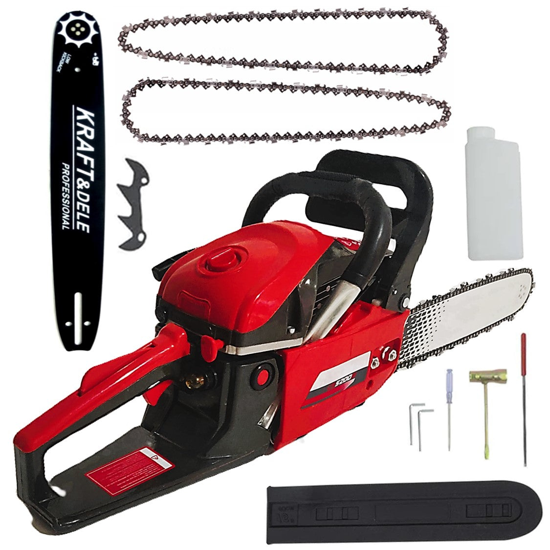 *BLACK-FRIDAY* *PROMO* Drujba BESTIA ROSIE cu 2 LAME si 3 LANTURI, 4.5CP, 52CC, accesorii incluse