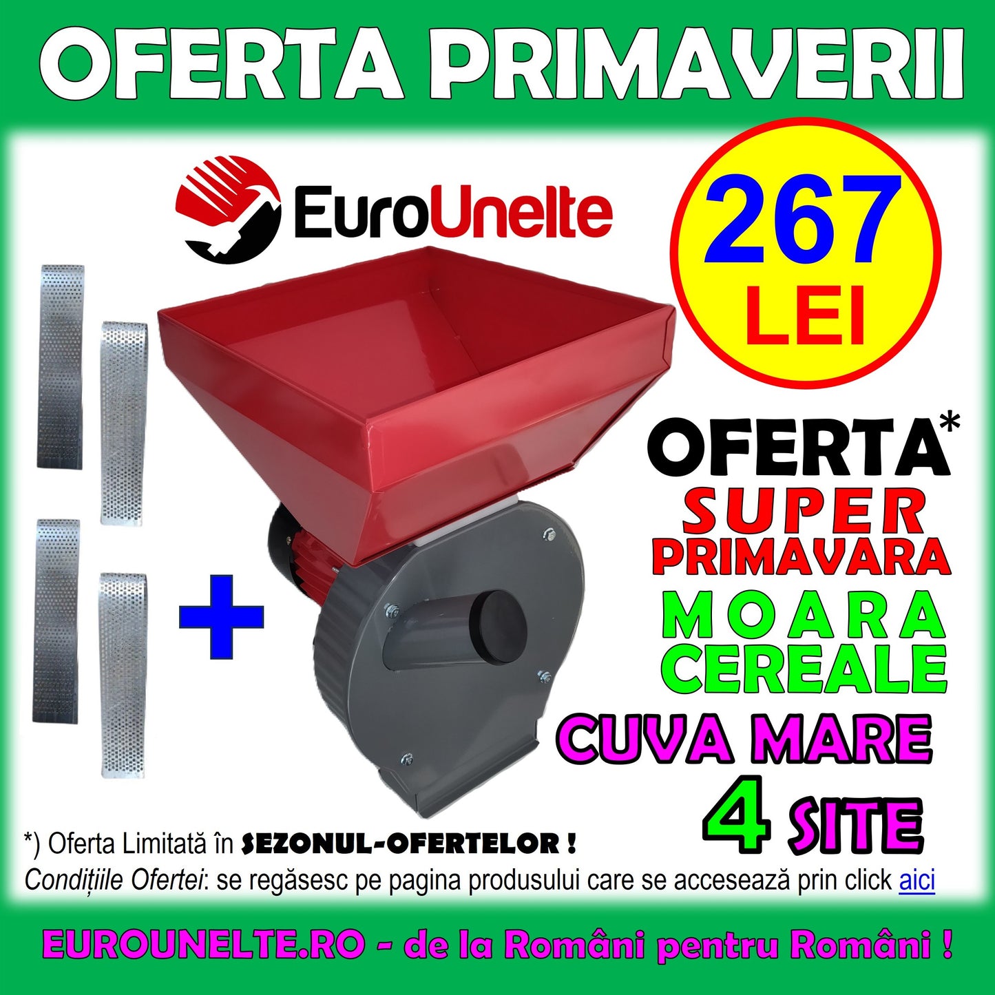 *SEZONUL-OFERTELOR: 267 LEI* Moara cereale+stiuleti (2 in 1) VOKNER, 3.9KW, 4 SITE, cu ciocanele pentru uruiala si malai, GRI-Rosu