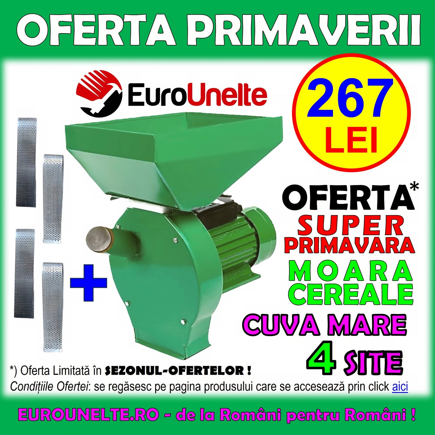 *SEZONUL-OFERTELOR: 267 LEI* Moara cereale+stiuleti (2 in 1) VOKNER, 3.9KW, 4 SITE, cu ciocanele pentru uruiala si malai, Verde/GRI-Rosu