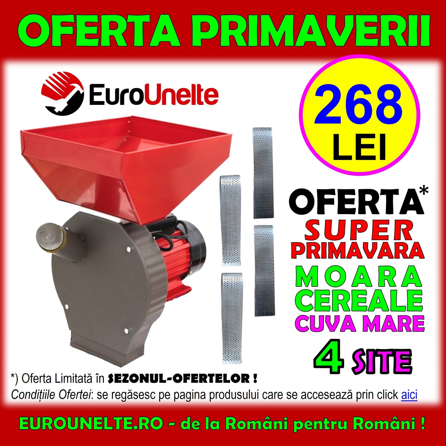 *SEZONUL-OFERTELOR: 268 LEI* Moara cereale+stiuleti (2 in 1) WOLFSTAR, 3.9KW, 4 SITE, cu ciocanele pentru uruiala si malai, Red-GREY