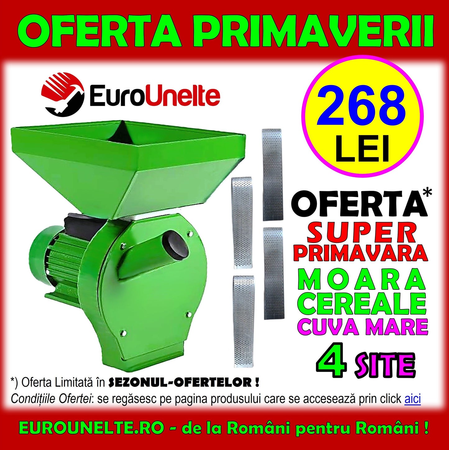 *SEZONUL-OFERTELOR: 268 LEI* Moara cereale+stiuleti (2 in 1) WOLFSTAR, 3.9KW, 4 SITE, cu ciocanele pentru uruiala si malai, CUVA-MARE