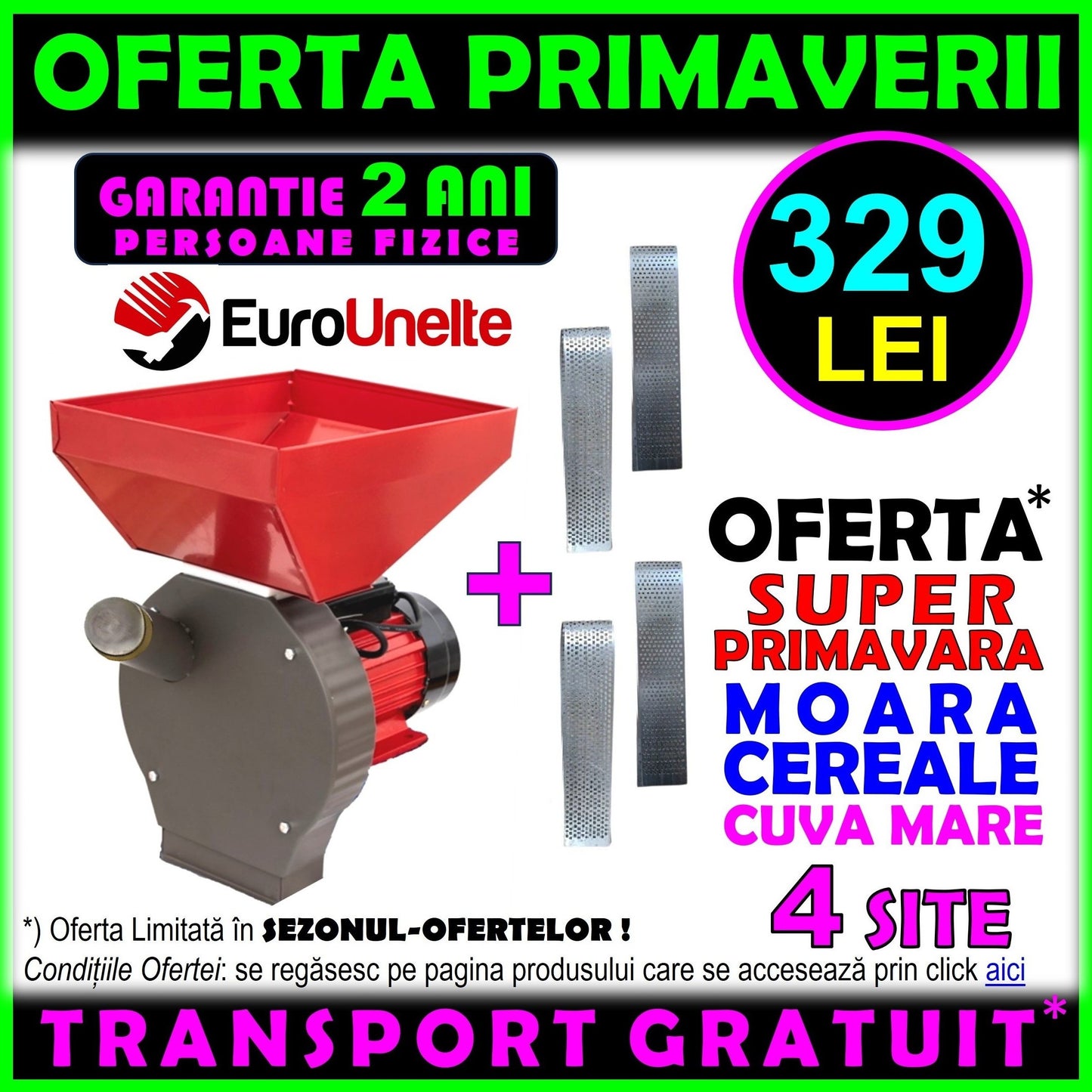 *OFERTA PRIMAVERII : 329 LEI CU TRANSPORT GRATUIT* Moara 4 SITE cereale+stiuleti (2 in 1) WOLFSTAR, 3.9KW, cu ciocanele pentru uruiala si malai, Red-GREY