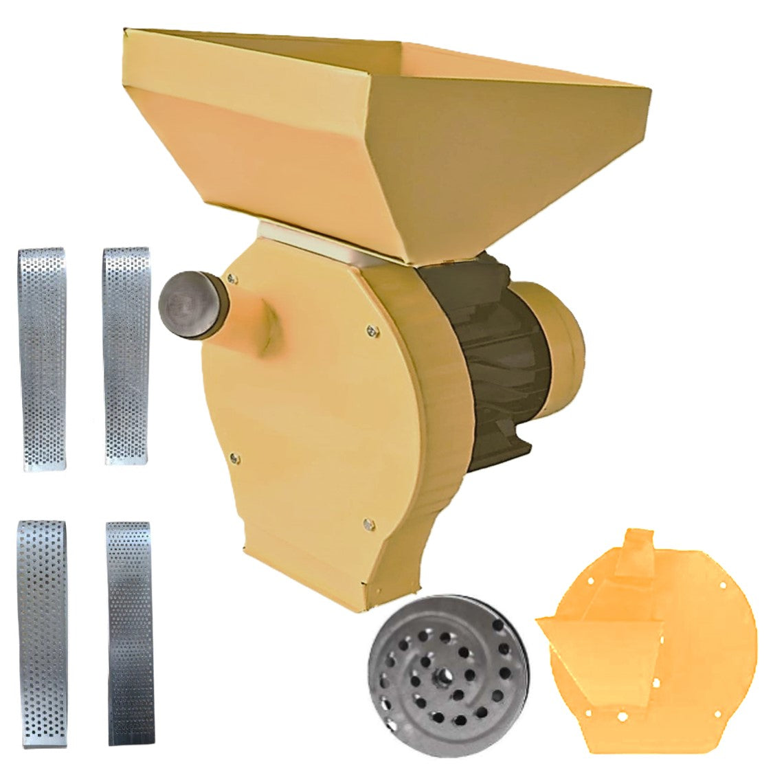 SET Moara E-FERMIERUL cu Suport, cereale-stiuleti și LEGUME-FRUCTE (3 in 1), YELLOW-R3900 malai, uruiala, furaje, razatoare si tocatoare fructe-legume