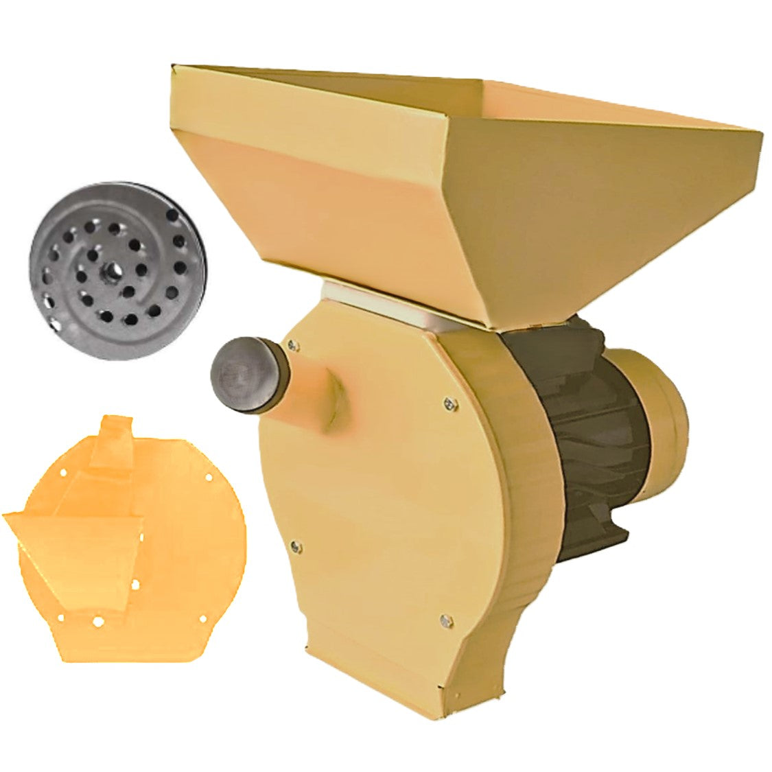 SET Moara E-FERMIERUL cu Suport, cereale-stiuleti și LEGUME-FRUCTE (3 in 1), YELLOW-R3900 malai, uruiala, furaje, razatoare si tocatoare fructe-legume
