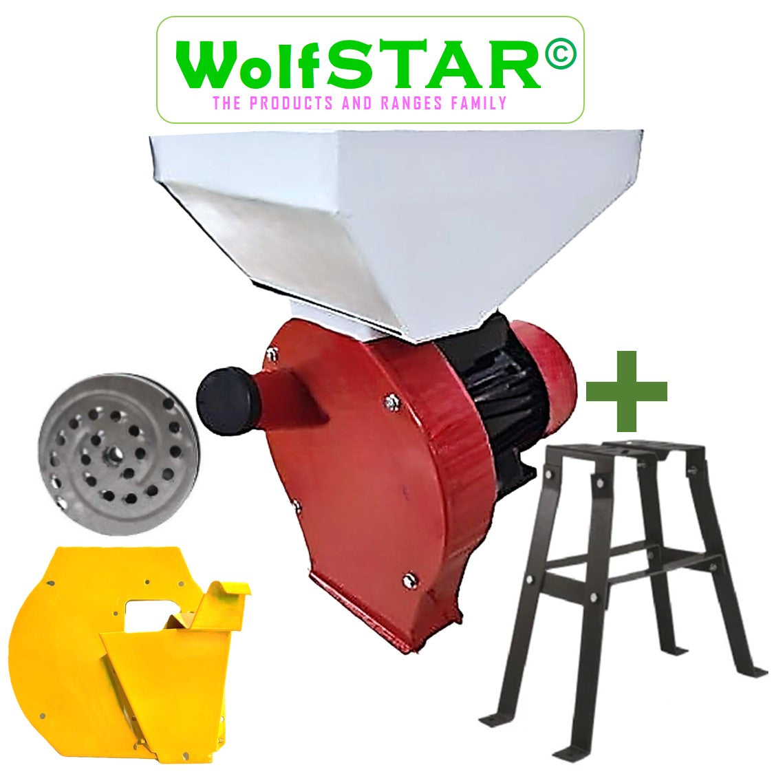 SET WOLFSTAR Moara Cereale-Stiuleti si FRUCTE-LEGUME (3 in 1) 3.9KW, Red-White E-3900, cu ciocanele si razatoare, + suport metalic