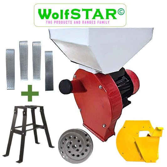 SET WOLFSTAR Moara Cereale-Stiuleti si FRUCTE-LEGUME (3 in 1) 3.9KW, Red-White E-3900, cu ciocanele si razatoare, + suport metalic