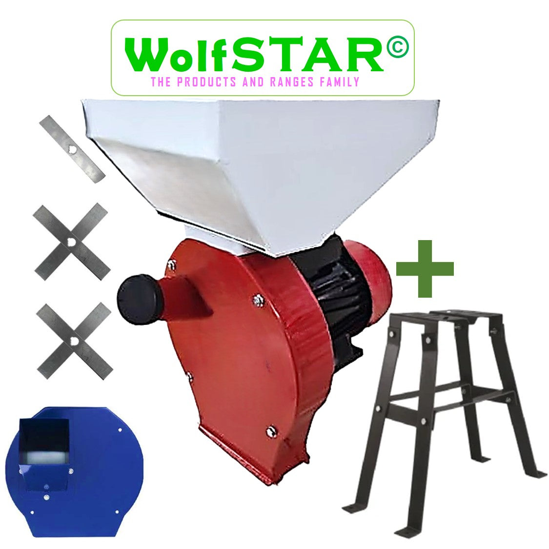 SET WOLFSTAR Moara Cereale-Stiuleti si LUCERNA-FAN (3 in 1) 3.9KW, Red-White E-3900, cu ciocanele si tocator furaje, + suport metalic