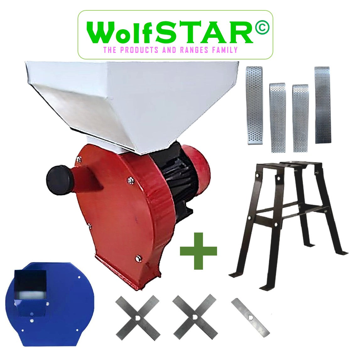 SET WOLFSTAR Moara Cereale-Stiuleti si LUCERNA-FAN (3 in 1) 3.9KW, Red-White E-3900, cu ciocanele si tocator furaje, + suport metalic