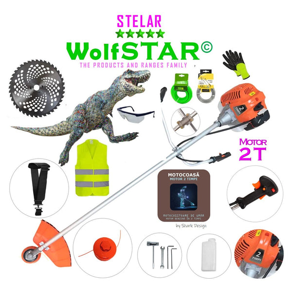 Motocoasa WolfStar Stelar cu motor pe benzina in 2 timpi, 6 CP, 52 cc, Portocalie, sistem taiere cu tambur plus EXTRA accesorii si Disc Vidia-Familia COASAziLLA