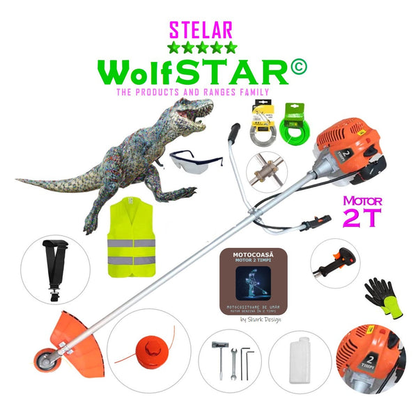 Motocoasa WolfStar Stelar cu motor pe benzina in 2 timpi, 6 CP, 52 cc, Portocalie, sistem taiere cu tambur plus EXTRA accesorii-Familia COASAziLLA