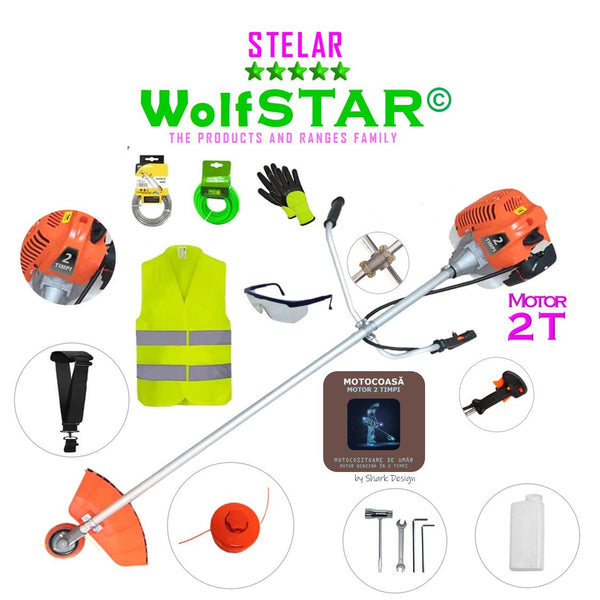 Motocoasa WolfStar Stelar cu motor pe benzina in 2 timpi, 6 CP, 52 cc, Portocalie, sistem taiere cu tambur plus EXTRA accesorii