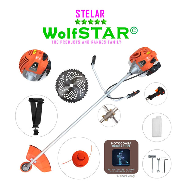 Motocoasa WolfStar Stelar cu motor pe benzina in 2 timpi, 6 CP, 52 cc, Portocalie, sistem taiere cu tambur plus accesorii, plus sistem taiere cu disc vidia de 230mm