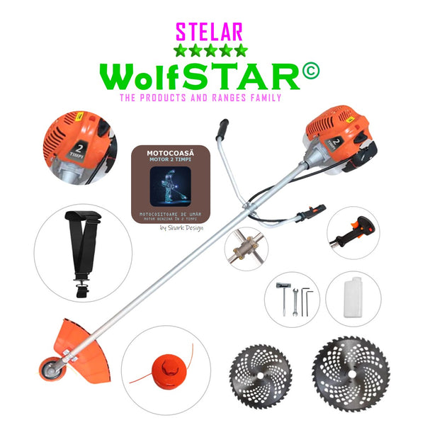 Motocoasa WolfStar Stelar cu motor pe benzina in 2 timpi, 6 CP, 52 cc, Portocalie, sistem taiere cu tambur plus accesorii, plus sistem taiere cu disc vidia de 230mm si disc vidia de 255mm