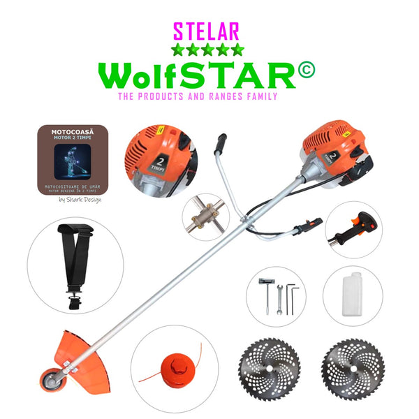 Motocoasa WolfStar Stelar cu motor pe benzina in 2 timpi, 6 CP, 52 cc, Portocalie, sistem taiere cu tambur plus accesorii, plus sistem taiere cu doua discuri vidia de 230mm