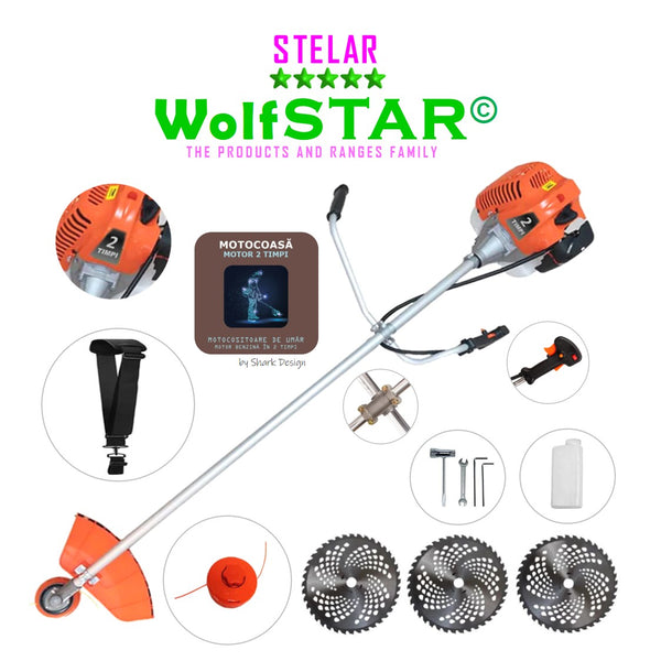 Motocoasa WolfStar Stelar cu motor pe benzina in 2 timpi, 6 CP, 52 cc, Portocalie, sistem taiere cu tambur plus accesorii, plus sistem taiere cu trei discuri vidia de 230mm