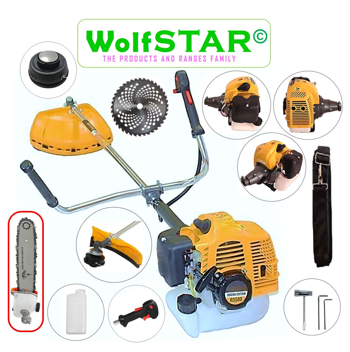 SET Motocoasa 7CP WolfSTAR, 5.5kW, in Set Tambur Fir + Accesorii, R5500, YELLOW, +CAP TIP DRUJBA, +Disc Vidia D230