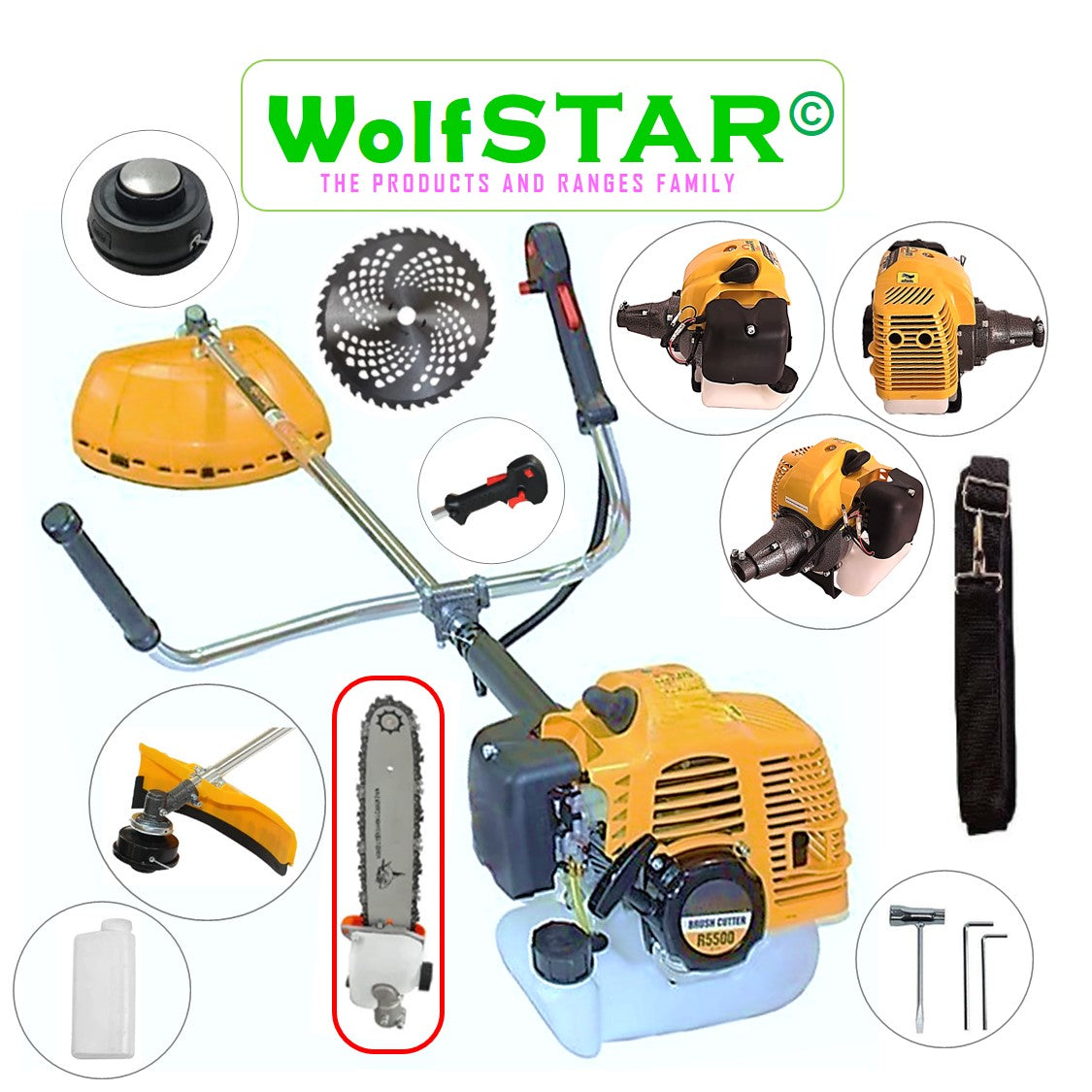 SET Motocoasa 7CP WolfSTAR, 5.5kW, in Set Tambur Fir + Accesorii, R5500, YELLOW, +CAP TIP DRUJBA, +Disc Vidia D230