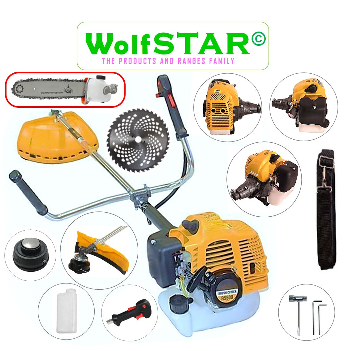 SET Motocoasa 7CP WolfSTAR, 5.5kW, in Set Tambur Fir + Accesorii, R5500, YELLOW, +CAP TIP DRUJBA, +Disc Vidia D230