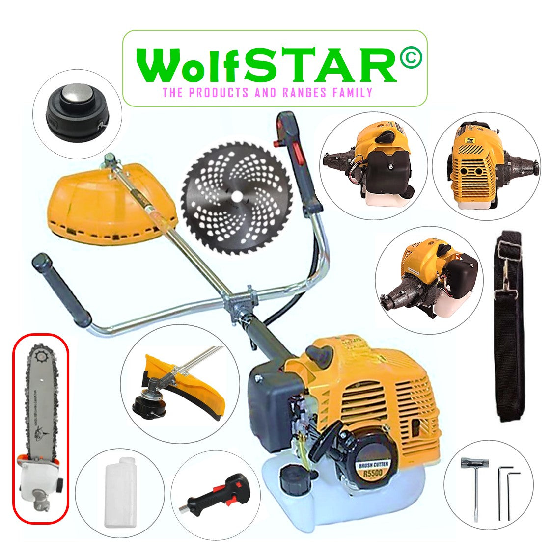 SET Motocoasa 7CP WolfSTAR, 5.5kW, in Set Tambur Fir + Accesorii, R5500, YELLOW, +CAP TIP DRUJBA, +Disc Vidia D255