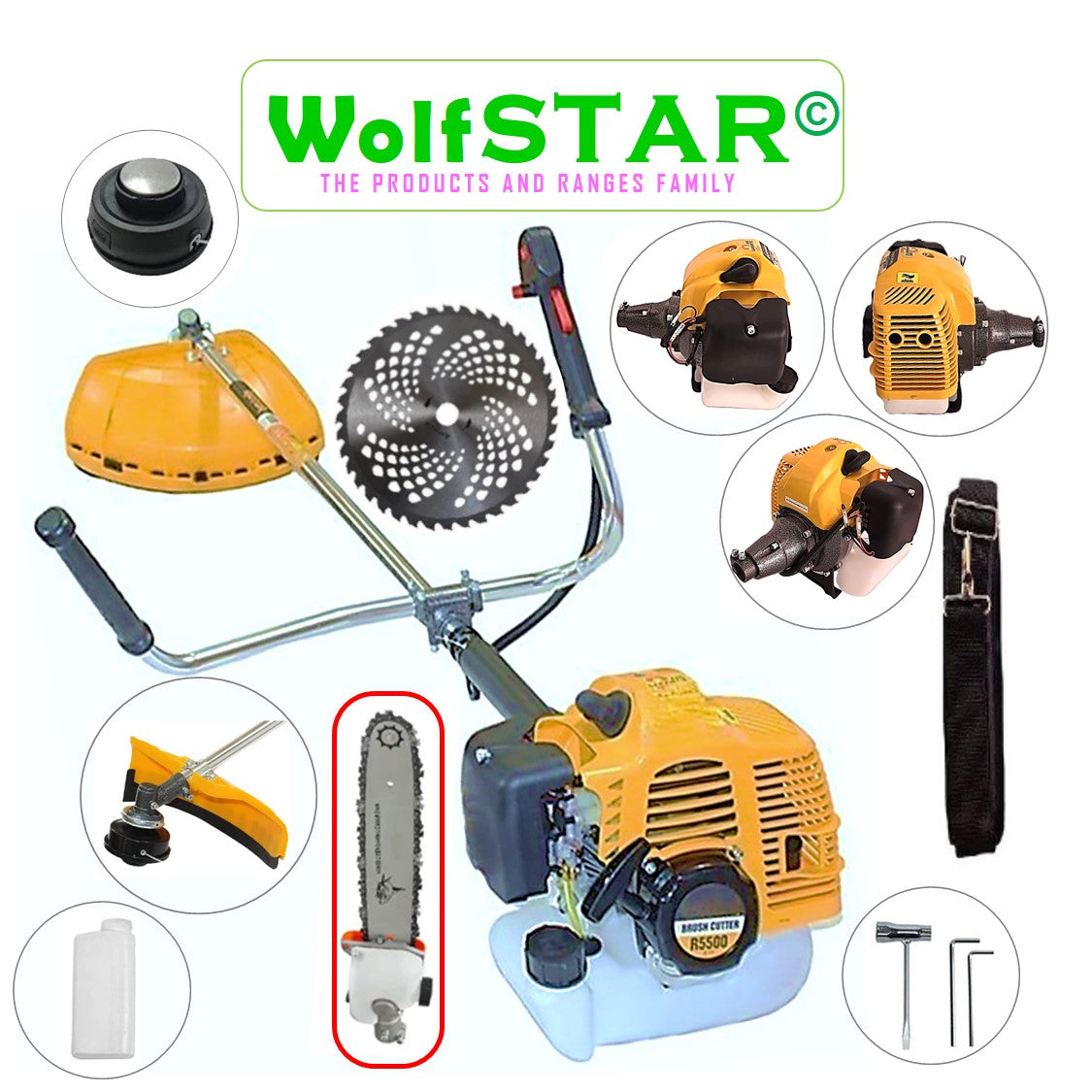 SET Motocoasa 7CP WolfSTAR, 5.5kW, in Set Tambur Fir + Accesorii, R5500, YELLOW, +CAP TIP DRUJBA, +Disc Vidia D255