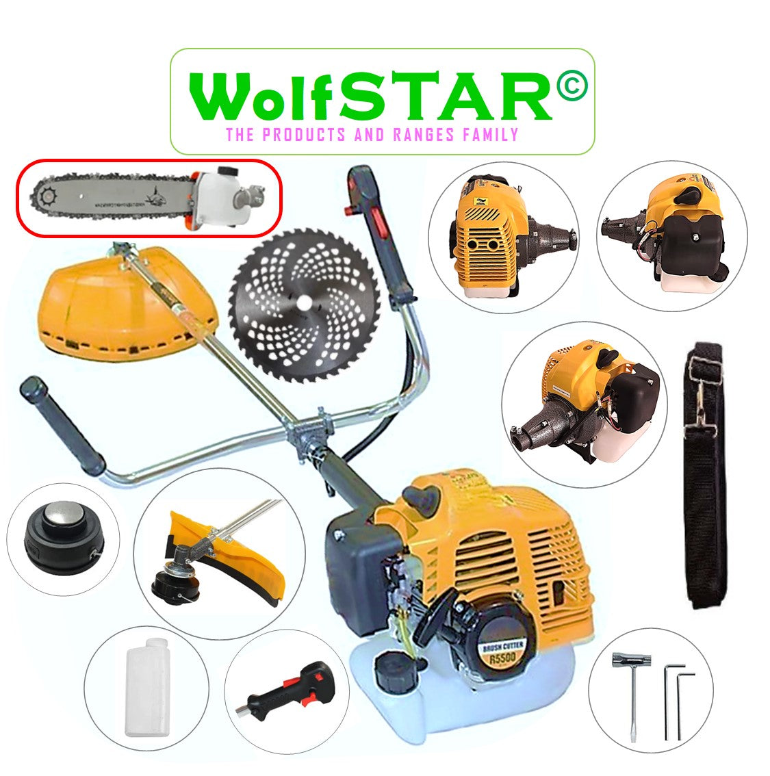 SET Motocoasa 7CP WolfSTAR, 5.5kW, in Set Tambur Fir + Accesorii, R5500, YELLOW, +CAP TIP DRUJBA, +Disc Vidia D255