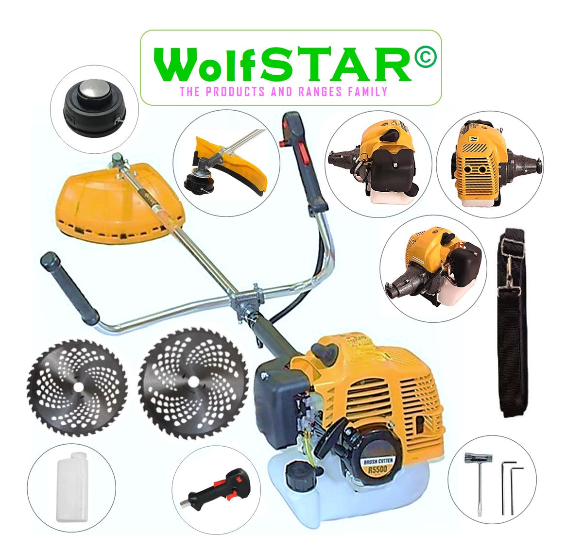 Motocoasa 7CP WolfSTAR, 5.5kW, in Set Tambur Fir-Accesorii-Disc Vidia D230+D255, R5500-YELLOW