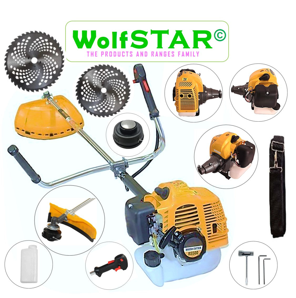 Motocoasa 7CP WolfSTAR, 5.5kW, in Set Tambur Fir-Accesorii-Disc Vidia D230+D255, R5500-YELLOW