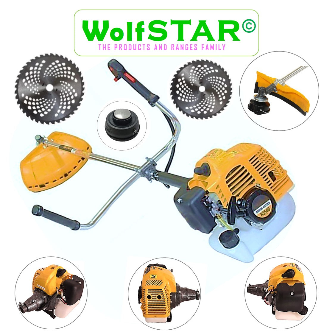 Motocoasa 7CP WolfSTAR, 5.5kW, in Set Tambur Fir-Accesorii-Disc Vidia D230+D255, R5500-YELLOW