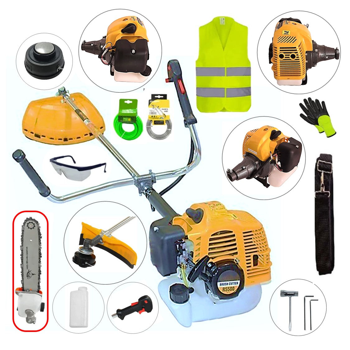 SET Motocoasa 7CP WolfSTAR, 5.5kW, in Set Tambur Fir + Accesorii, R5500, YELLOW, +CAP TIP DRUJBA, +EXTRA Accesorii