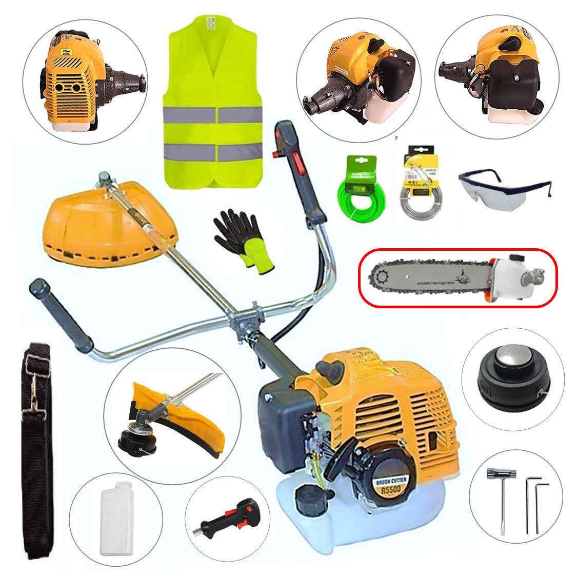 SET Motocoasa 7CP WolfSTAR, 5.5kW, in Set Tambur Fir + Accesorii, R5500, YELLOW, +CAP TIP DRUJBA, +EXTRA Accesorii