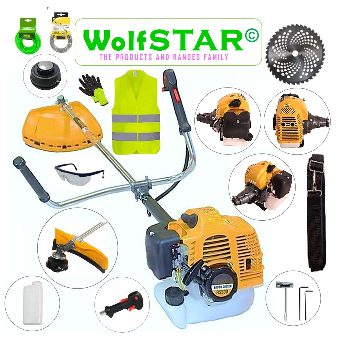 SET Motocoasa 7CP WolfSTAR, 5.5kW, in Set Tambur Fir + Accesorii, R5500, YELLOW, +EXTRA Accesorii +Disc Vidia D230