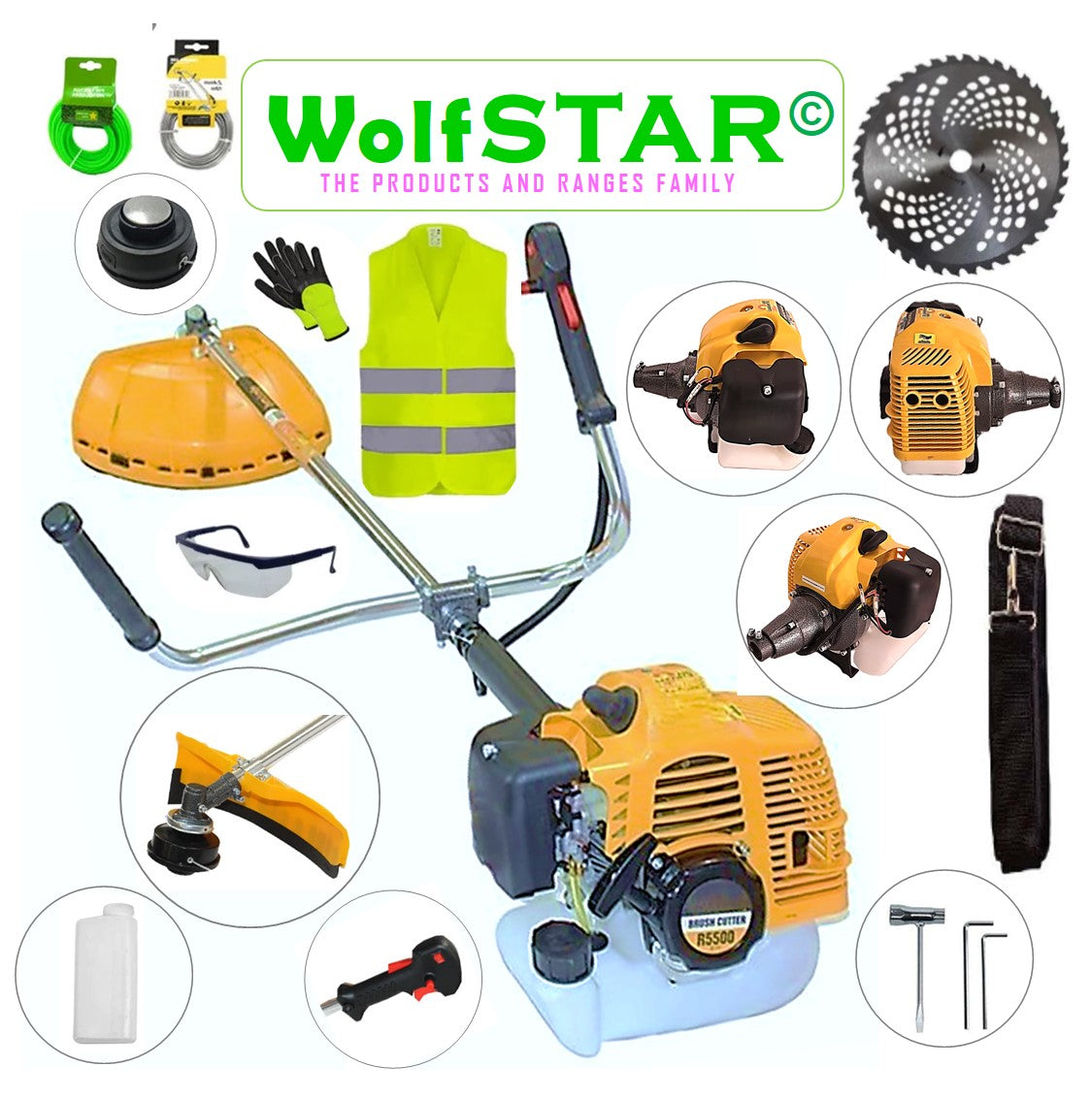 SET Motocoasa 7CP WolfSTAR, 5.5kW, in Set Tambur Fir + Accesorii, R5500, YELLOW, +EXTRA Accesorii +Disc Vidia D255