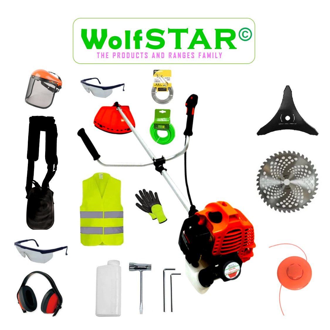 *OFERTE-DE-VARA* Motocoasa 6kW WolfSTAR RED 6100, Set cu Tambur Fir + Disc Metal 3 lame + Disc Vidia, accesorii
